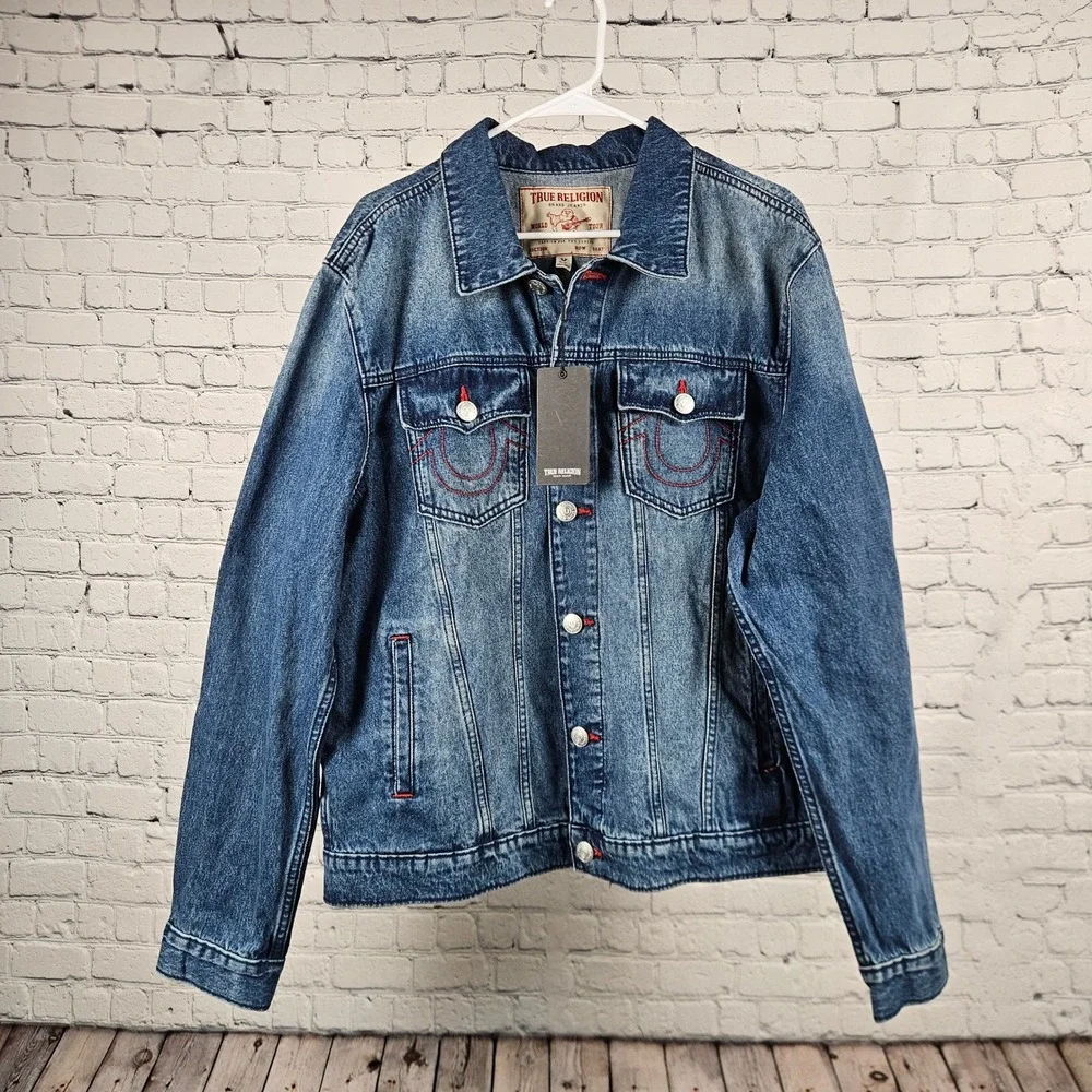 True Religion Mens Denim Jacket Medium Blue Quartz Wash Buddha Print 701133 XL